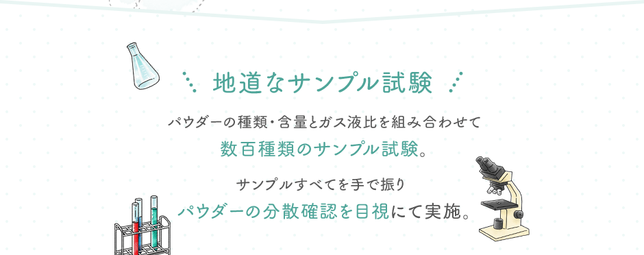 地道なサンプル試験 パウダーの種類・含量とガス液比を組み合わせて数百種類のサンプル試験。サンプルすべてを手で振りパウダーの分散確認を目視にて実施。